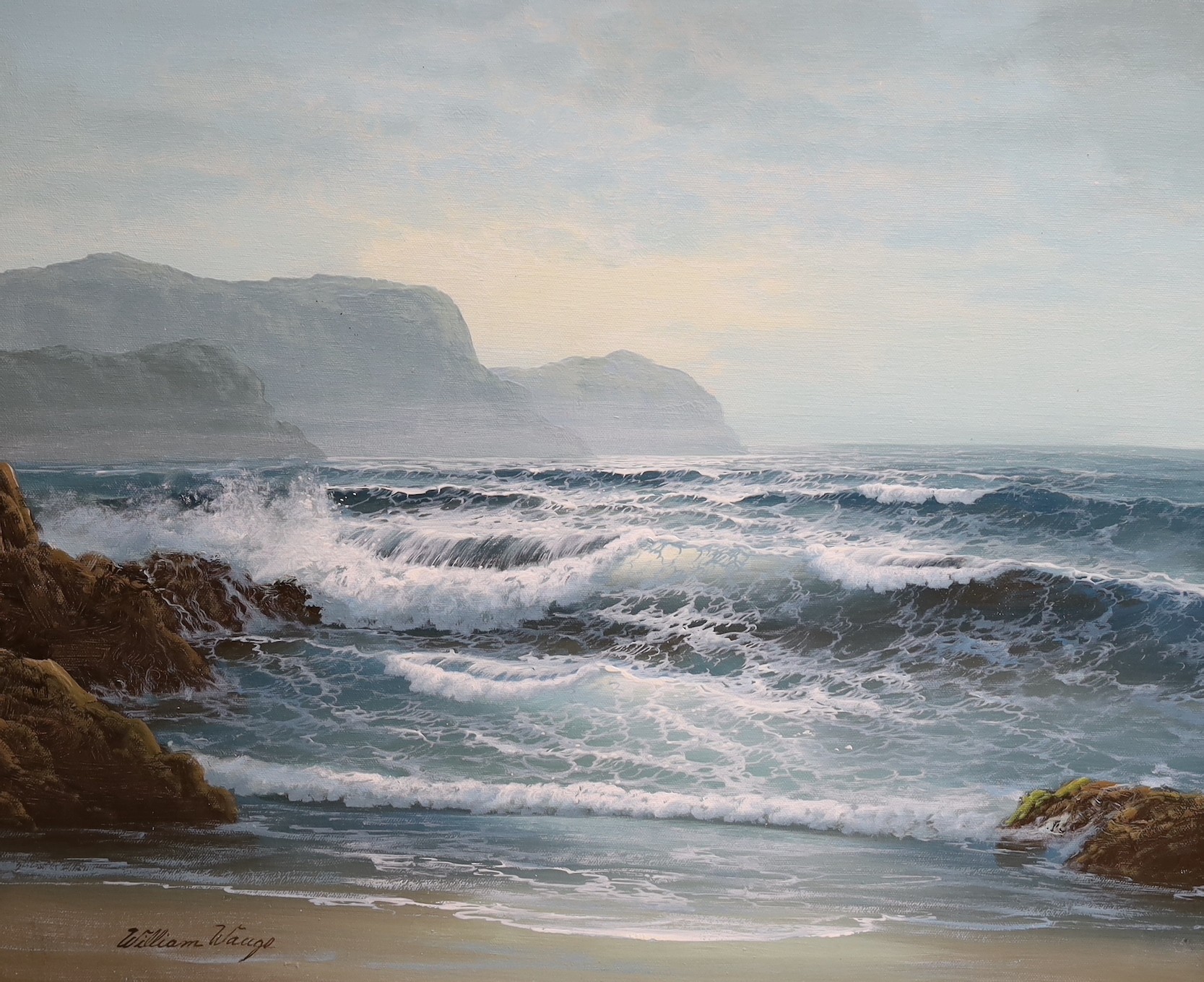 William Waage, oil on canvas, Waves breaking on the shore, 50 x 60cm